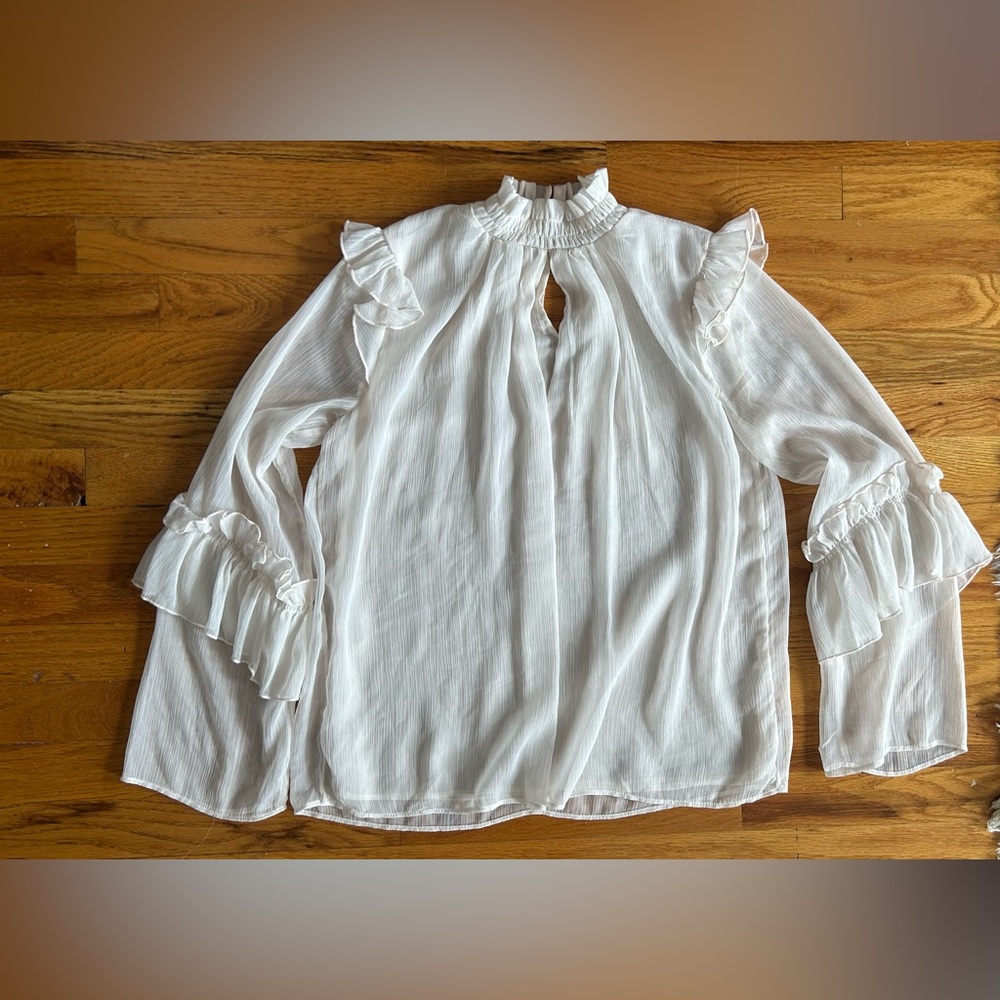 H&M Top Women's Victorian White Sheer Flounce Ruffle Blouse Size 4